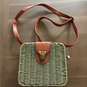 Chic vintage pale green woven crossbody with brown adjustable Strap